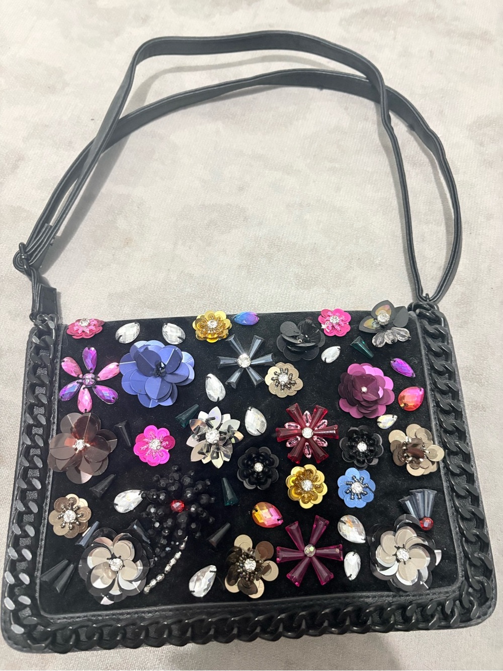 Aldo Black Embellished Floral Sequin Crossbody Bag